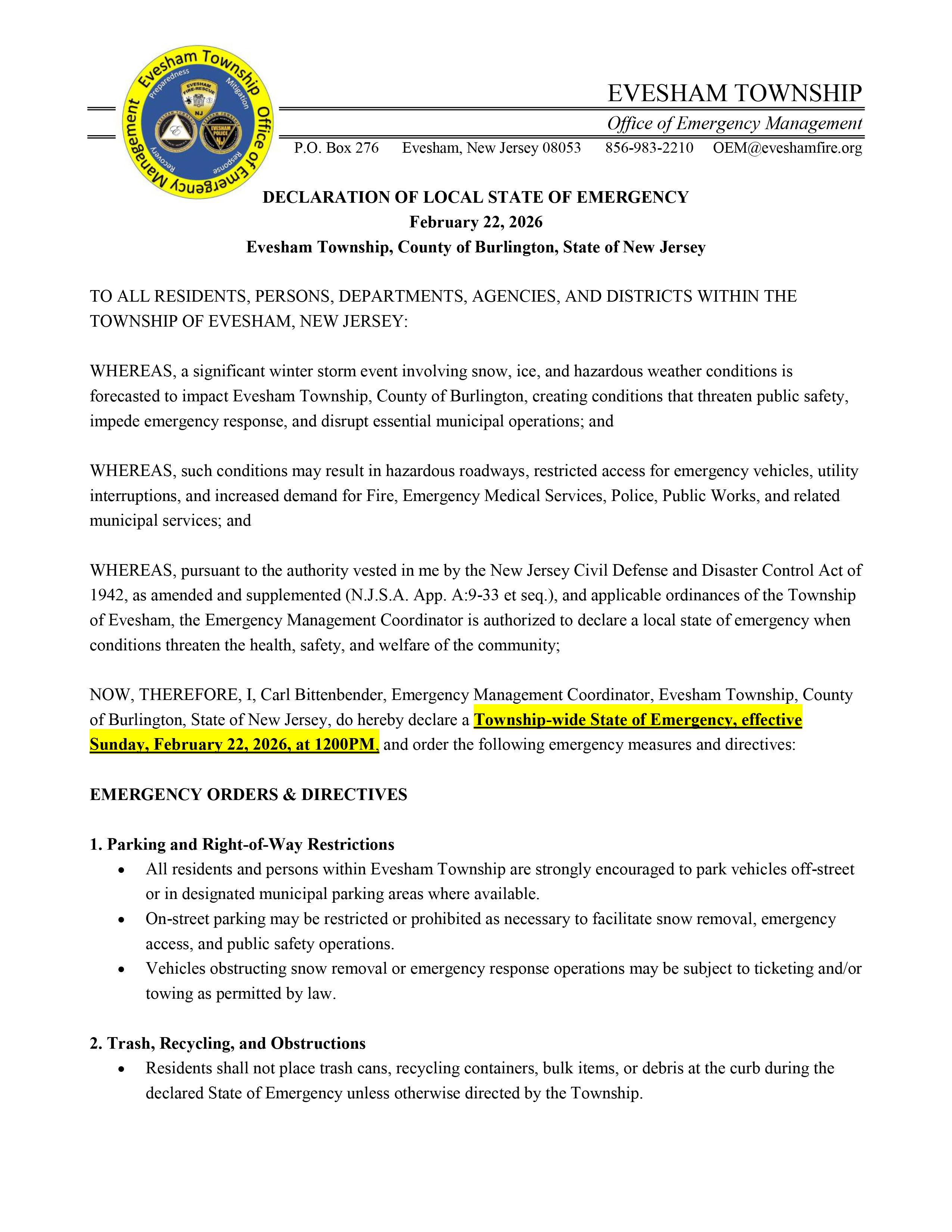 Evesham Disaster Declaration Snow 1