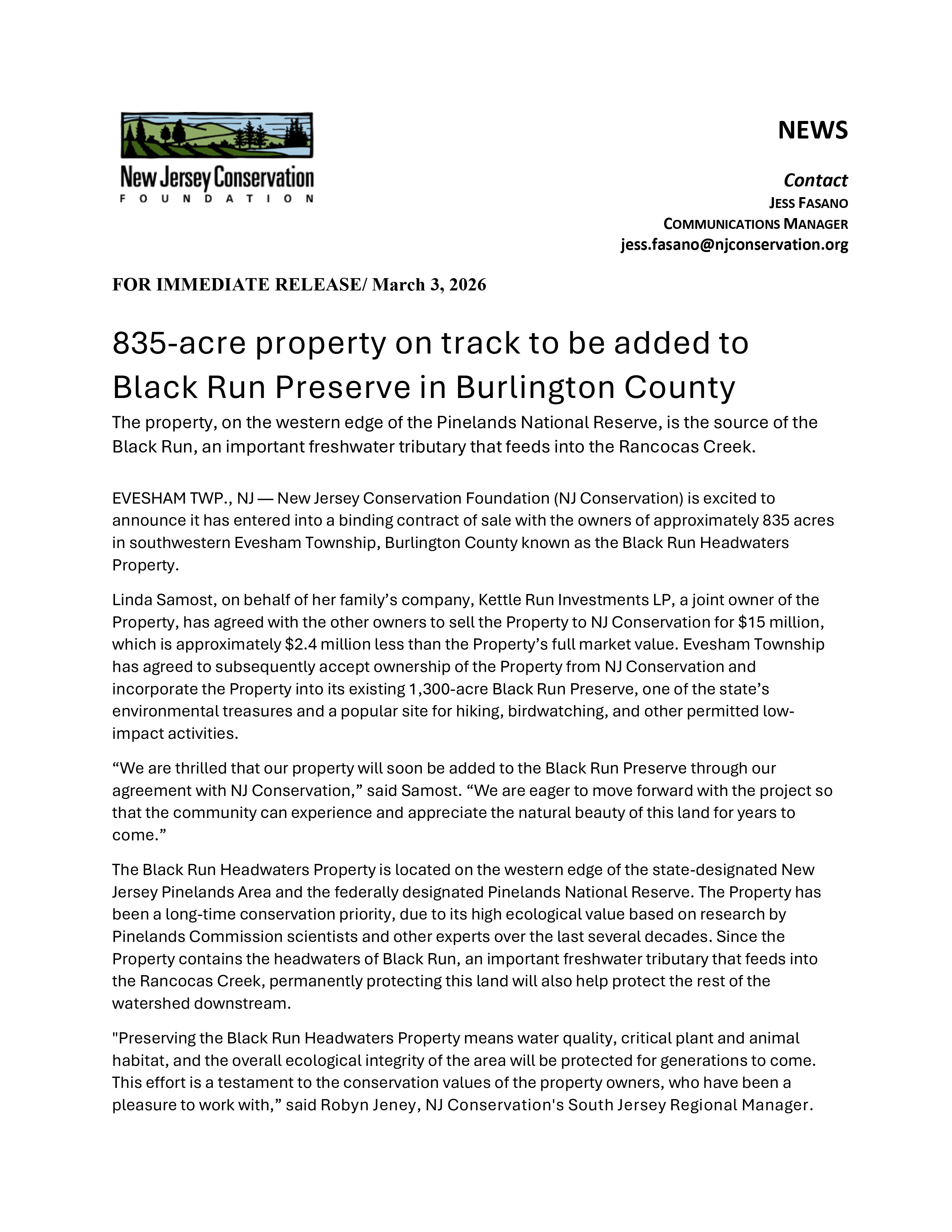 NJ Conservation Press Release 1